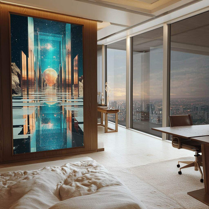 Quadro Decorativo Portais Cósmicos - quadros decorativos para sala 1 Tela Vertical, 3 Telas - em ambiente decorado