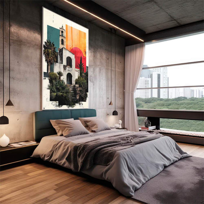 Quadro Decorativo Charme Mediterrâneo ao Pôr do Sol - quadros decorativos 1 Tela Vertical, 3 Telas - em sala moderna