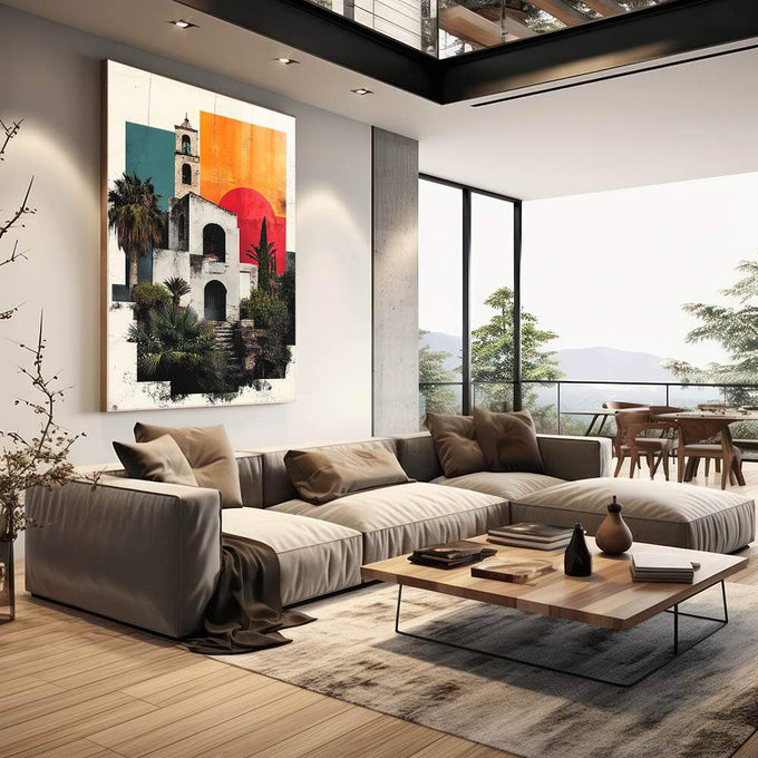 Quadro Decorativo Charme Mediterrâneo ao Pôr do Sol - quadros decorativos para sala 1 Tela Vertical, 3 Telas - em quarto contemporaneo