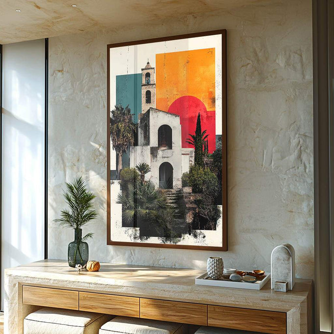 Quadro Decorativo Charme Mediterrâneo ao Pôr do Sol - quadros decorativos para sala 1 Tela Vertical, 3 Telas - em ambiente decorado