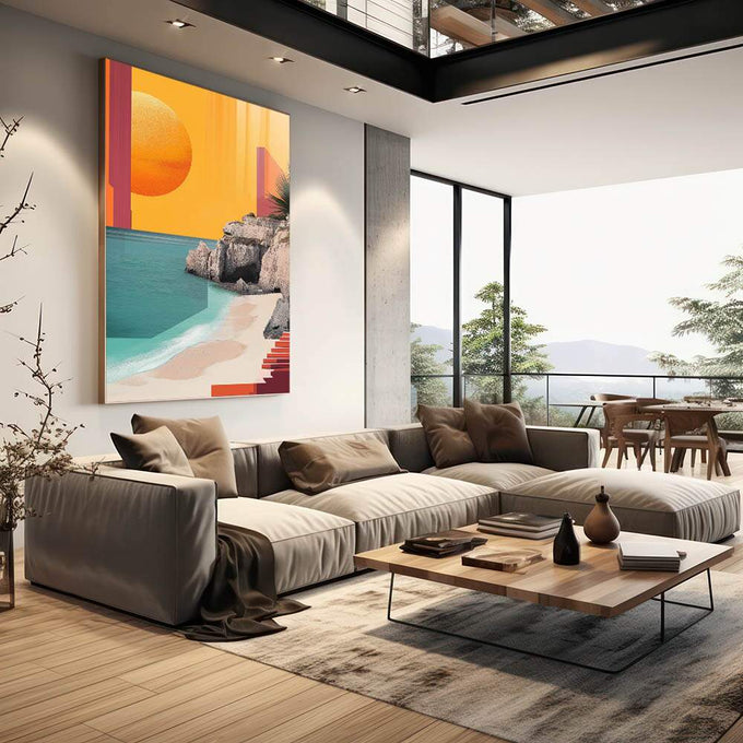 Quadro Decorativo Horizonte Tropical Minimalista e Sofisticado - quadros decorativos para sala 1 Tela Vertical, 3 Telas - em quarto contemporaneo