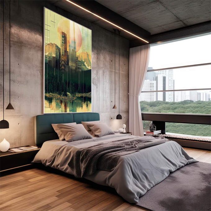 Quadro Decorativo Cidade Abstrata - quadros decorativos 1 Tela Vertical, 3 Telas - em sala moderna