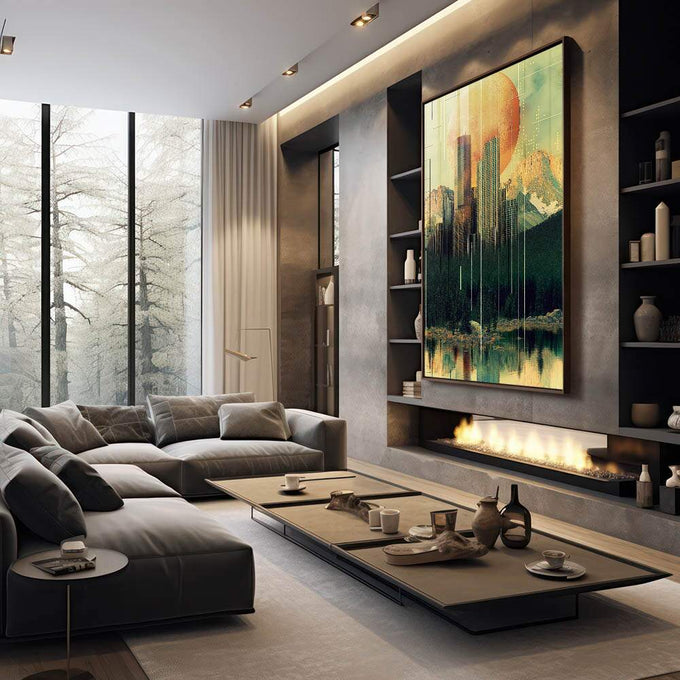 Quadro Decorativo Cidade Abstrata - quadros decorativos 1 Tela Vertical, 3 Telas - em escritorio elegante
