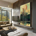 Quadro Decorativo Cidade Abstrata - quadros decorativos para sala 1 Tela Vertical, 3 Telas - em ambiente decorado