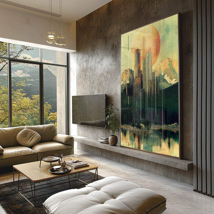 Quadro Decorativo Cidade Abstrata - quadros decorativos para sala 1 Tela Vertical, 3 Telas - em ambiente decorado