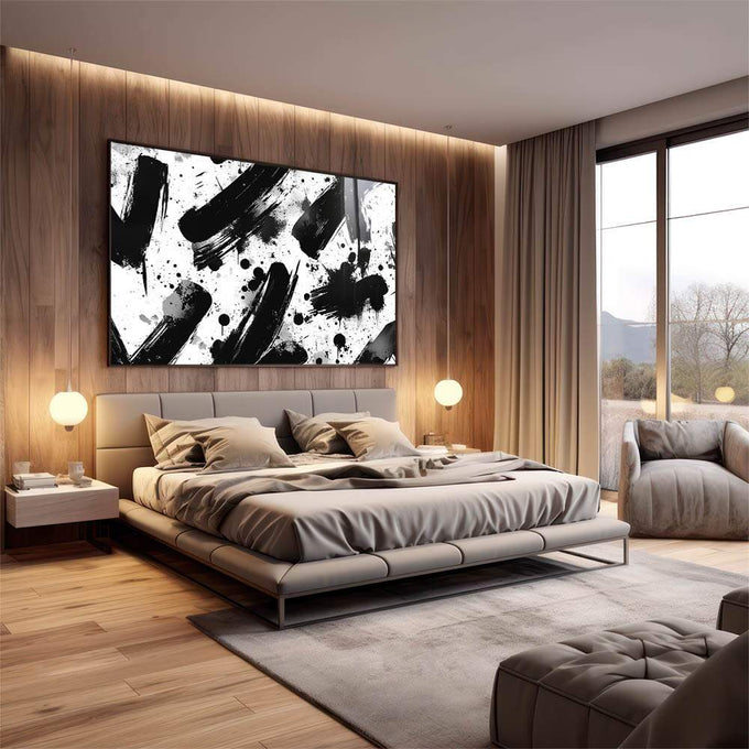 Quadro Decorativo Pinceladas em preto e branco - quadros decorativos para sala 1 Tela, 1 Tela Horizontal - em quarto contemporaneo