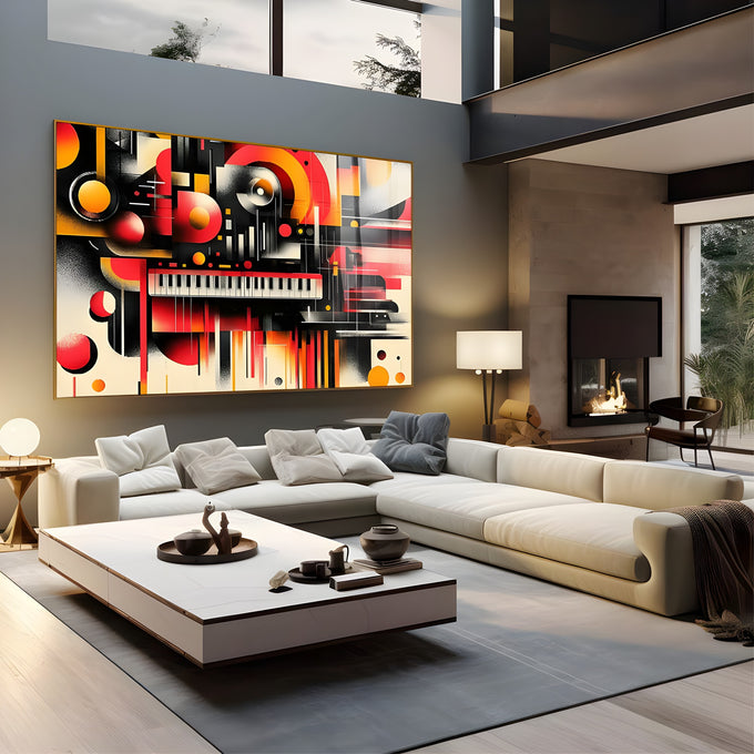 Teclado de piano e disco de vinil em composição abstrata geométrica vermelha e preta, quadro decorativo