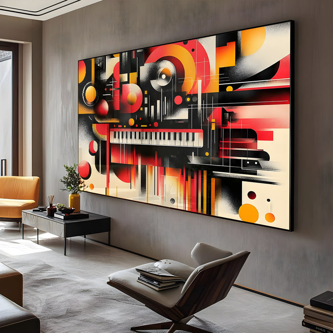 Teclado de piano e disco de vinil em composição abstrata geométrica vermelha e preta, quadro decorativo