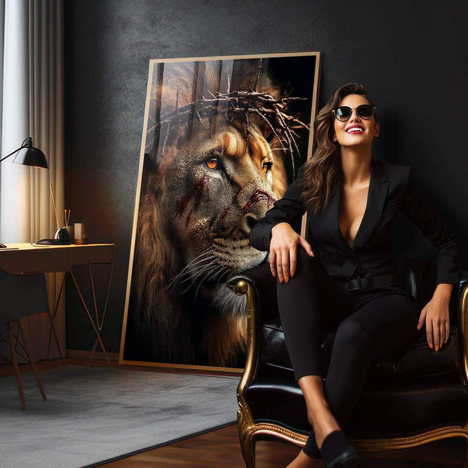 Quadro Decorativo Poderoso Leão da Fé - quadros decorativos para sala 1 Tela Vertical, 3 Telas - em quarto contemporaneo