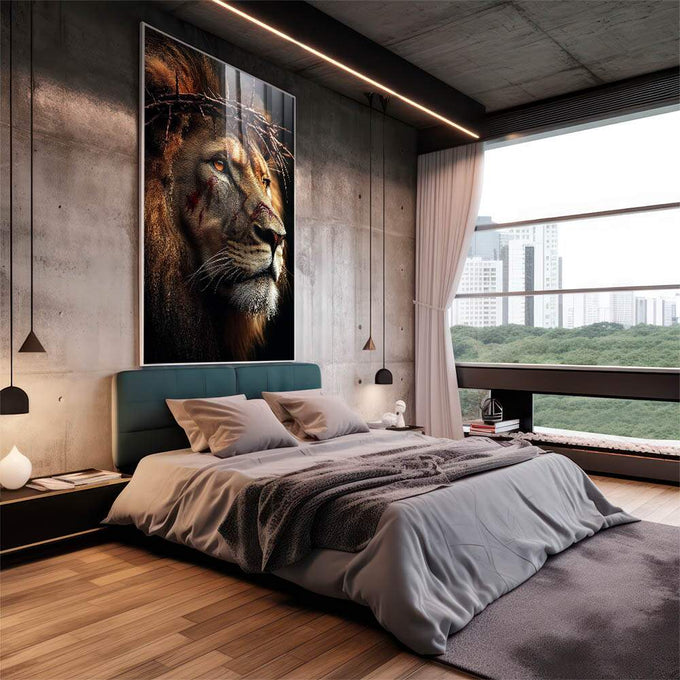 Quadro Decorativo Poderoso Leão da Fé - quadros decorativos 1 Tela Vertical, 3 Telas - em escritorio elegante