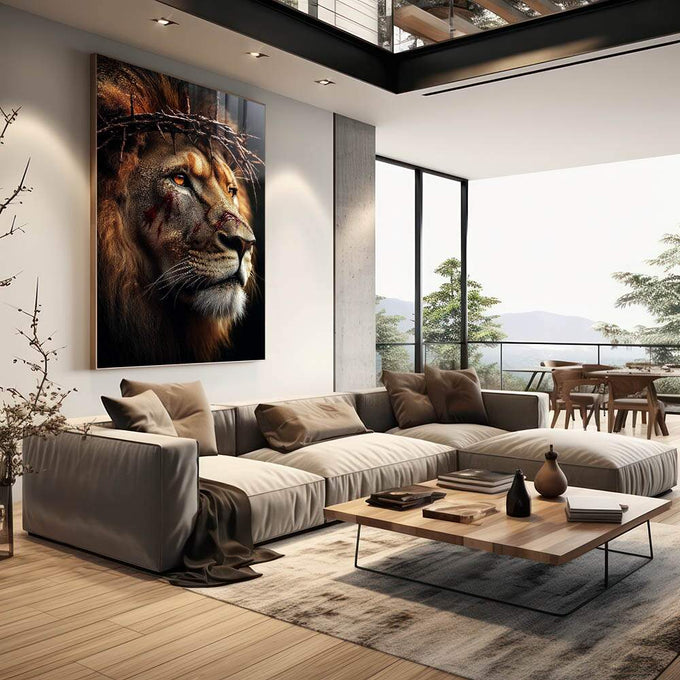 Quadro Decorativo Poderoso Leão da Fé - quadros decorativos para sala 1 Tela Vertical, 3 Telas - em living room premium