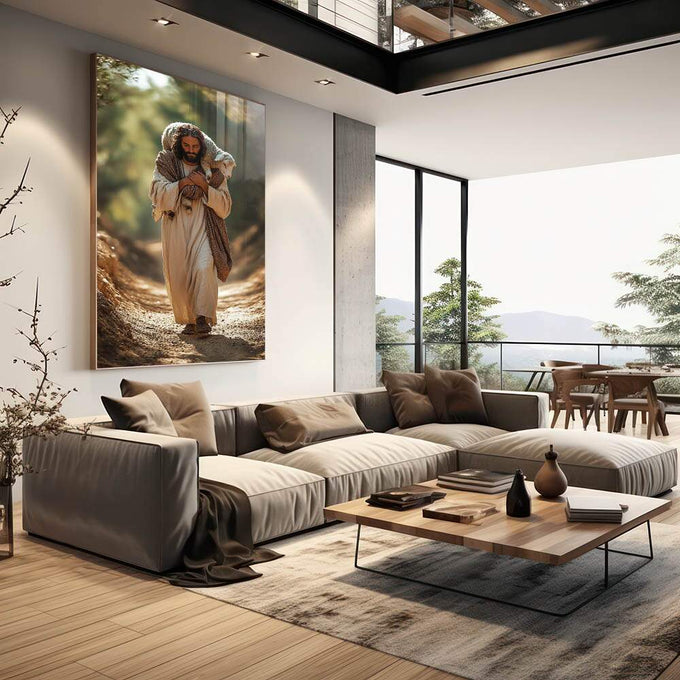 Quadro Decorativo Jesus com o Cordeiro - quadros decorativos 1 Tela Vertical, 3 Telas - em sala moderna