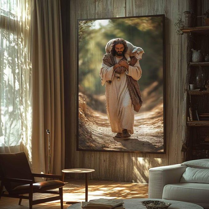 Quadro Decorativo Jesus com o Cordeiro - quadros decorativos para sala 1 Tela Vertical, 3 Telas - em ambiente decorado
