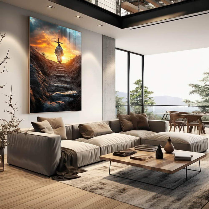 Quadro Decorativo O caminho para Cristo - quadros decorativos 1 Tela Vertical, 3 Telas - em sala moderna