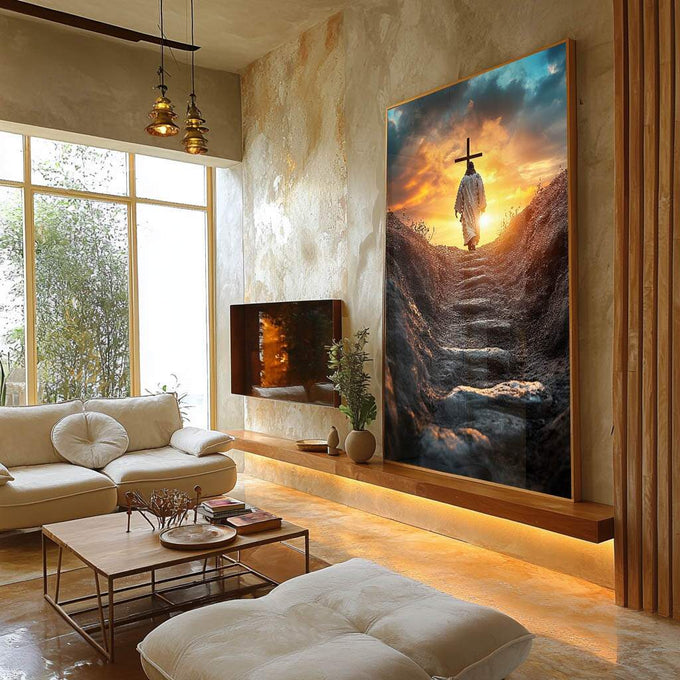 Quadro Decorativo O caminho para Cristo - quadros decorativos para sala 1 Tela Vertical, 3 Telas - em ambiente decorado