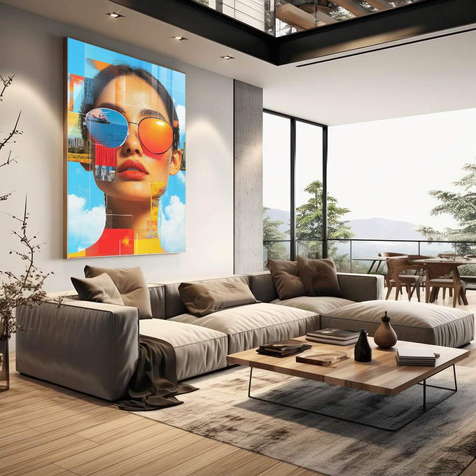Quadro Decorativo Abstrato Mulher sobre Nuvens - quadros decorativos 1 Tela Vertical, 3 Telas - em sala moderna