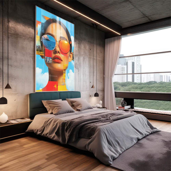 Quadro Decorativo Abstrato Mulher sobre Nuvens - quadros decorativos para sala 1 Tela Vertical, 3 Telas - em living room premium