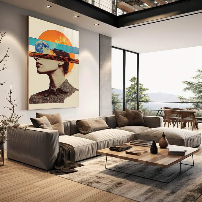 Quadro Decorativo Entre Mundos e Silêncios - quadros decorativos 1 Tela Vertical, 3 Telas - em sala moderna