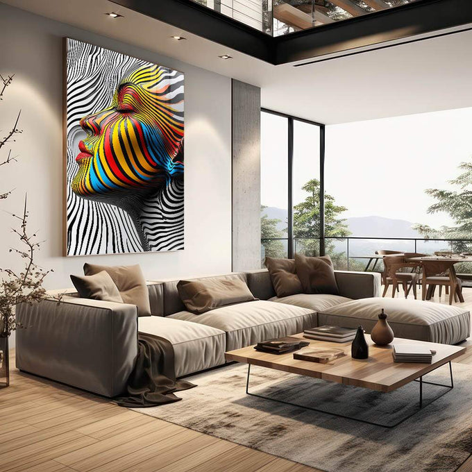 Quadro Decorativo Mulher Sobre linhas Abstratas - quadros decorativos 1 Tela Vertical, 3 Telas - em sala moderna