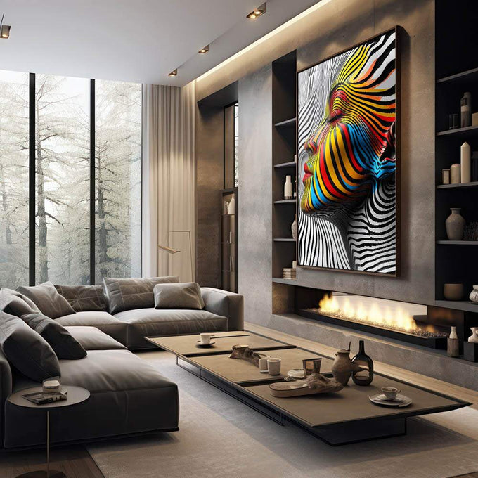 Quadro Decorativo Mulher Sobre linhas Abstratas - quadros decorativos para sala 1 Tela Vertical, 3 Telas - em quarto contemporaneo