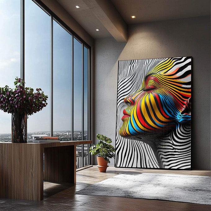 Quadro Decorativo Mulher Sobre linhas Abstratas - quadros decorativos para sala 1 Tela Vertical, 3 Telas - em ambiente decorado