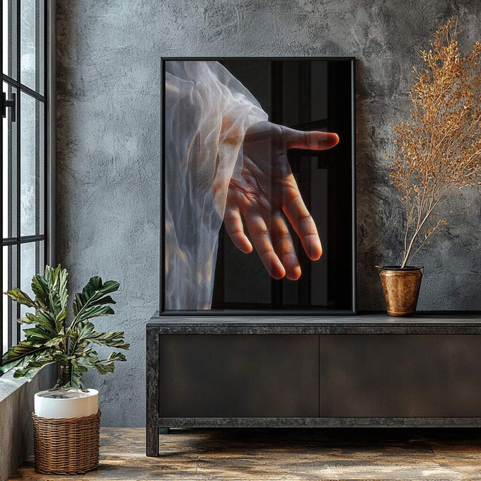 Quadro Decorativo Mão da Esperança: Arte que Conecta - quadros decorativos para sala 1 Tela Vertical, 3 Telas - em ambiente decorado