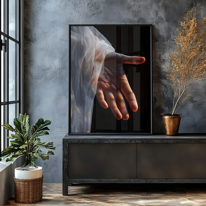 Mão de Jesus com chaga na palma e véu branco translúcido sobre fundo preto, quadro decorativo