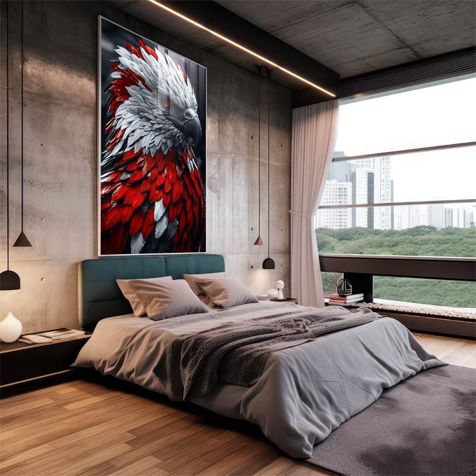 Quadro Decorativo A reflexão da Águia - quadros decorativos 1 Tela Vertical, 3 Telas - em sala moderna