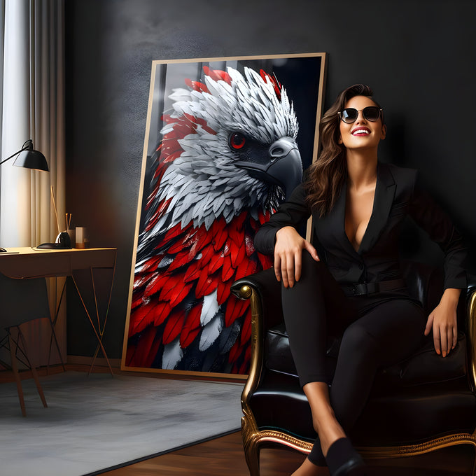 Cabeça de águia com penas vermelhas e brancas, olho vermelho e fundo escuro, quadro decorativo