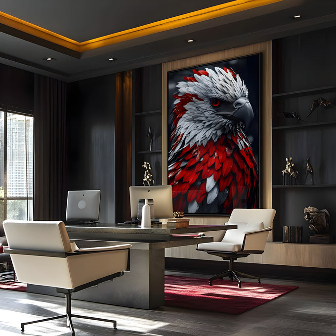 Cabeça de águia com penas vermelhas e brancas, olho vermelho e fundo escuro, quadro decorativo