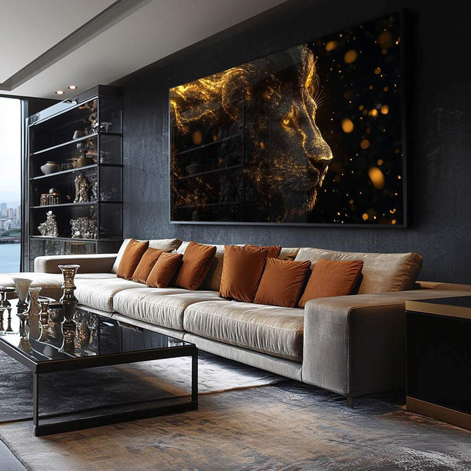 Quadro Decorativo Leão Majestoso e seu Esplendor - quadros decorativos para sala 1 Tela, 1 Tela Horizontal - em ambiente decorado