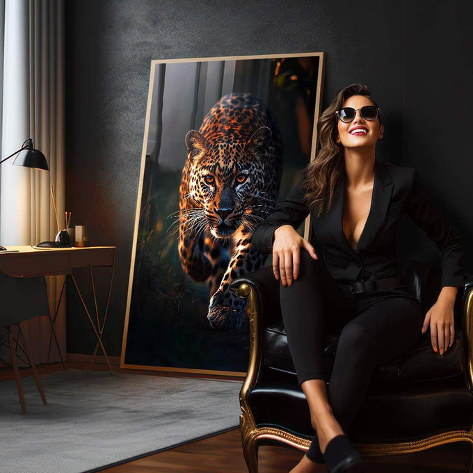 Quadro Decorativo A ferocidade da onça - quadros decorativos 1 Tela Vertical, 3 Telas - em sala moderna
