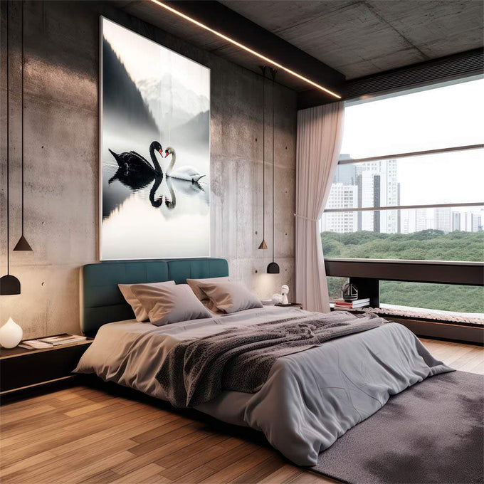 Quadro Decorativo O Amor Dos Cisnes - quadros decorativos 1 Tela Vertical, 3 Telas - em sala moderna