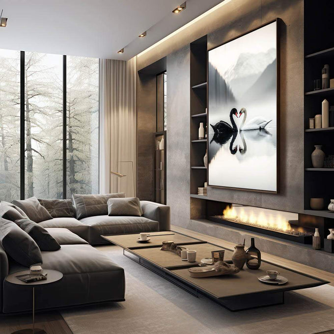 Quadro Decorativo O Amor Dos Cisnes - quadros decorativos 1 Tela Vertical, 3 Telas - em escritorio elegante