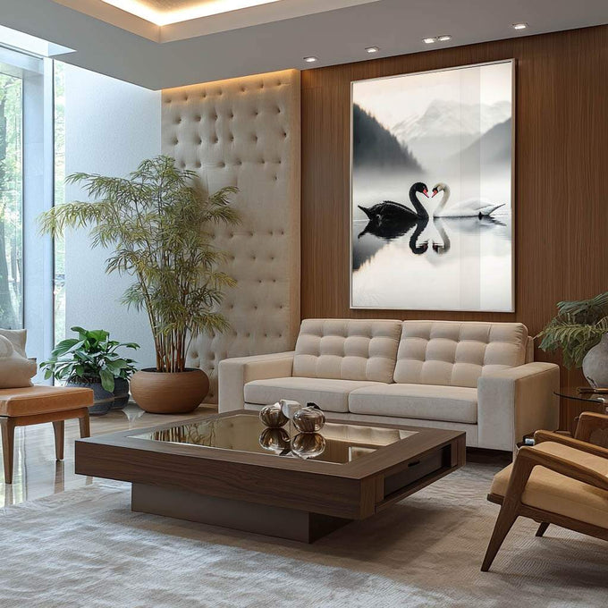 Quadro Decorativo O Amor Dos Cisnes - quadros decorativos para sala 1 Tela Vertical, 3 Telas - em ambiente decorado