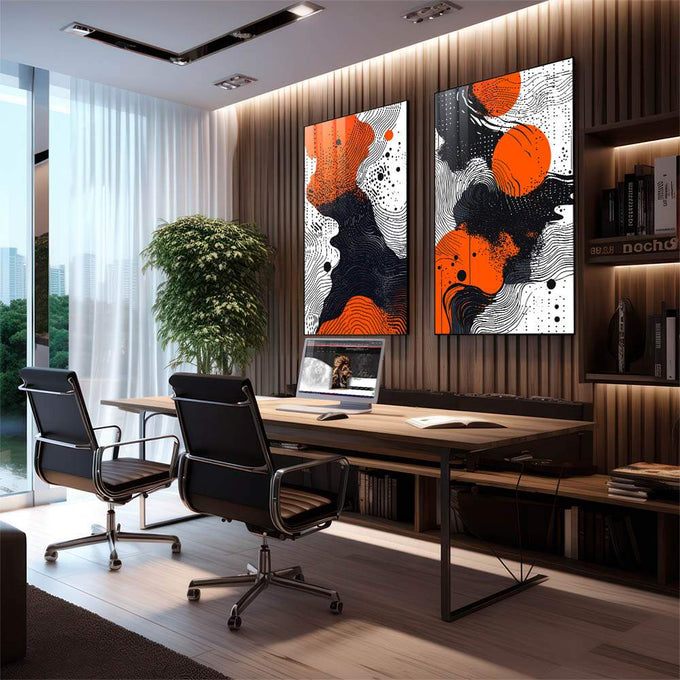 Quadro Decorativo Abstrato com Tons de Laranja, Preto e Branco - quadros decorativos 2 Telas, Abstratos e Geométricos - em sala moderna