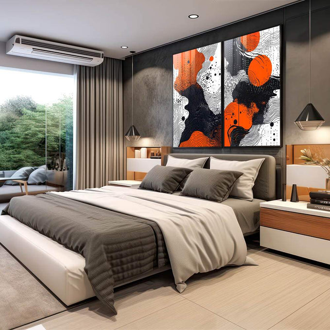 Quadro Decorativo Abstrato com Tons de Laranja, Preto e Branco - quadros decorativos para sala 2 Telas, Abstratos e Geométricos - em quarto contemporaneo