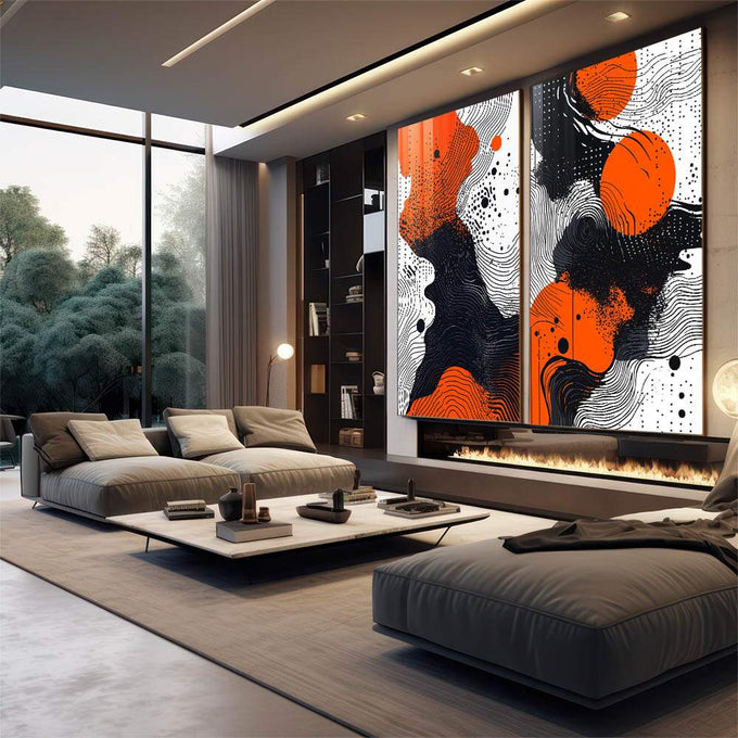 Quadro Decorativo Abstrato com Tons de Laranja, Preto e Branco - quadros decorativos 2 Telas, Abstratos e Geométricos - em escritorio elegante