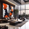 Quadro Decorativo Abstrato com Tons de Laranja, Preto e Branco - quadros decorativos para sala 2 Telas, Abstratos e Geométricos - em living room premium