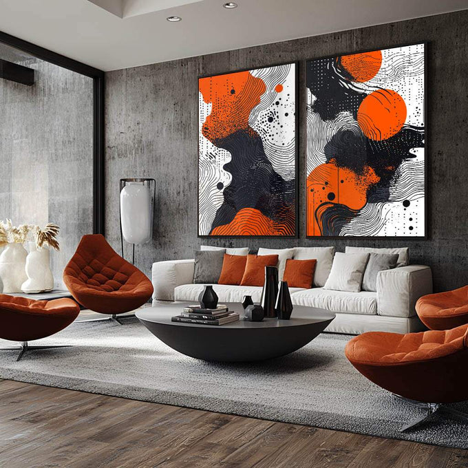 Quadro Decorativo Abstrato com Tons de Laranja, Preto e Branco - quadros decorativos para sala 2 Telas, Abstratos e Geométricos - em ambiente decorado