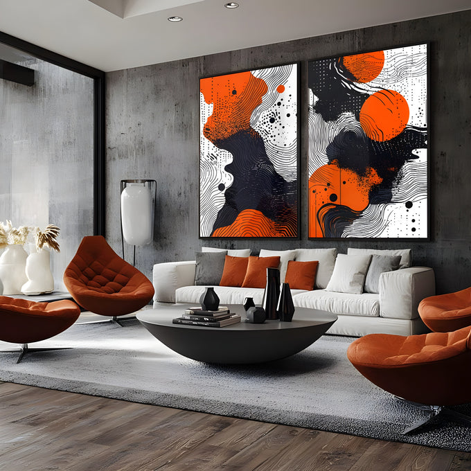 Díptico abstrato com círculos laranja, linhas onduladas e pontos pretos sobre fundo branco, quadro decorativo
