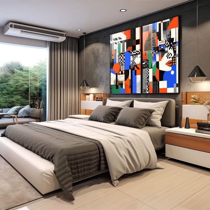 Quadro Decorativo Abstrato com Geometria Colorida - quadros decorativos para sala 2 Telas, abstrato geométrico - em quarto contemporaneo