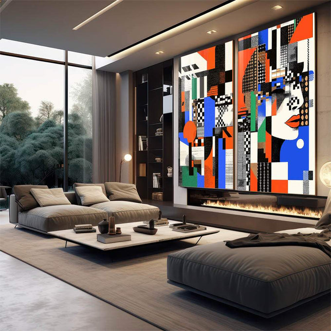 Quadro Decorativo Abstrato com Geometria Colorida - quadros decorativos 2 Telas, abstrato geométrico - em escritorio elegante