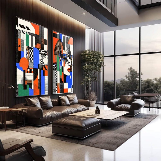 Quadro Decorativo Abstrato com Geometria Colorida - quadros decorativos para sala 2 Telas, abstrato geométrico - em living room premium