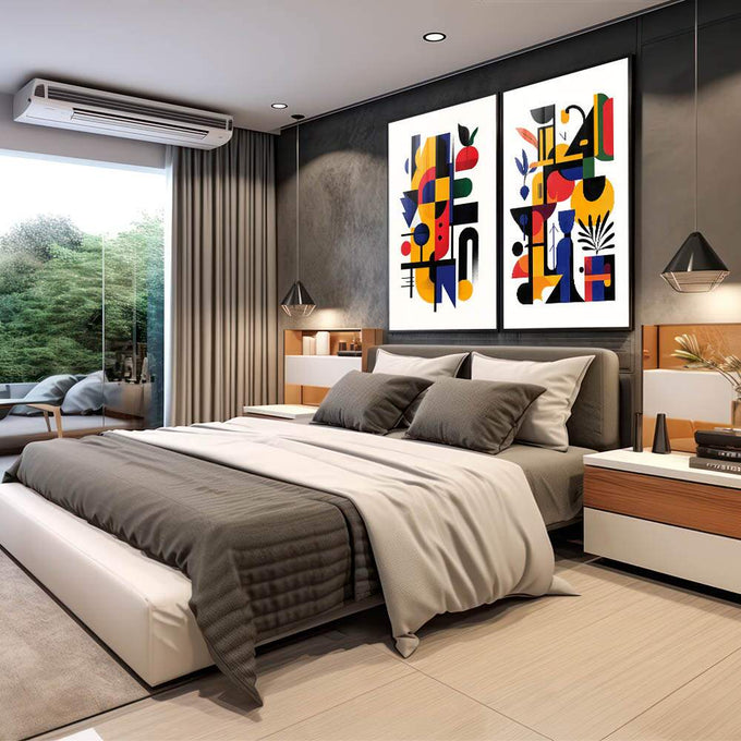 Quadro Decorativo Abstrato Irregular Arte que Inspira - quadros decorativos para sala 2 Telas, Abstratos e Geométricos - em quarto contemporaneo