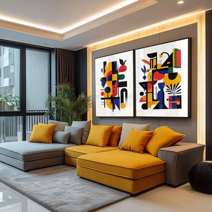 Quadro Decorativo Abstrato Irregular Arte que Inspira - quadros decorativos para sala 2 Telas, Abstratos e Geométricos - em ambiente decorado