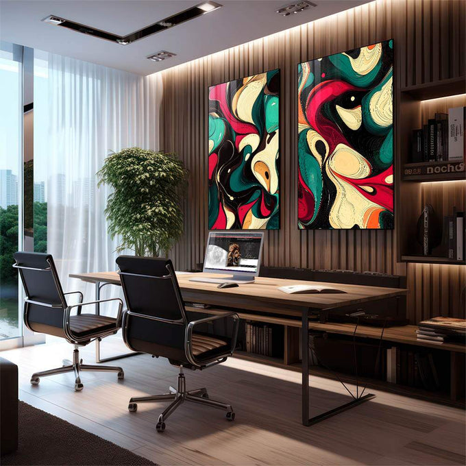 Quadro Decorativo Abstrato com Cores Vibrantes - quadros decorativos 2 Telas, abstrato - em sala moderna