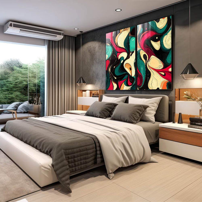 Quadro Decorativo Abstrato com Cores Vibrantes - quadros decorativos para sala 2 Telas, abstrato - em quarto contemporaneo