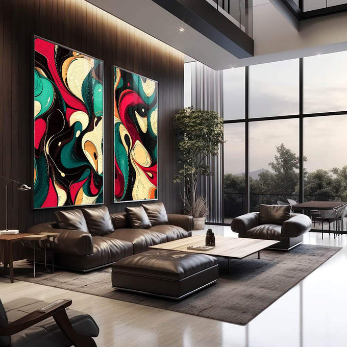 Quadro Decorativo Abstrato com Cores Vibrantes - quadros decorativos para sala 2 Telas, abstrato - em living room premium