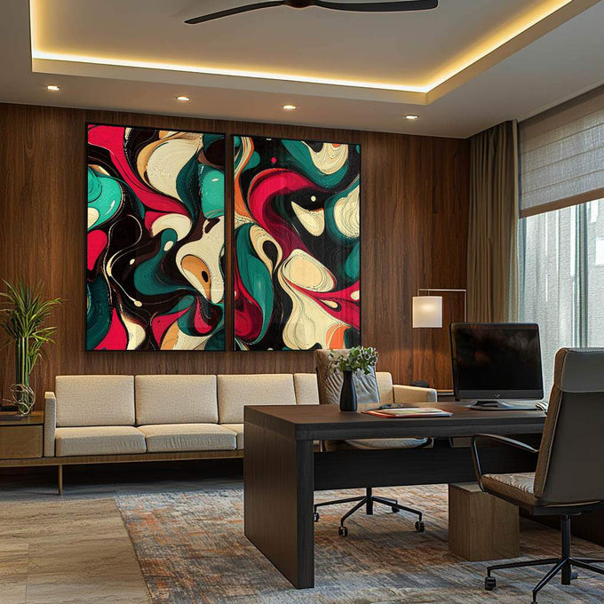 Quadro Decorativo Abstrato com Cores Vibrantes - quadros decorativos para sala 2 Telas, abstrato - em ambiente decorado